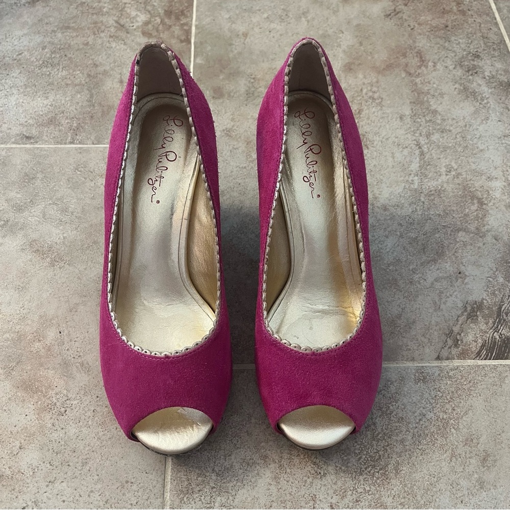 Lilly Pulitzer Hot Pink Suede Gold Trim Leather Wedge Peep Toe Shoes - Size 6